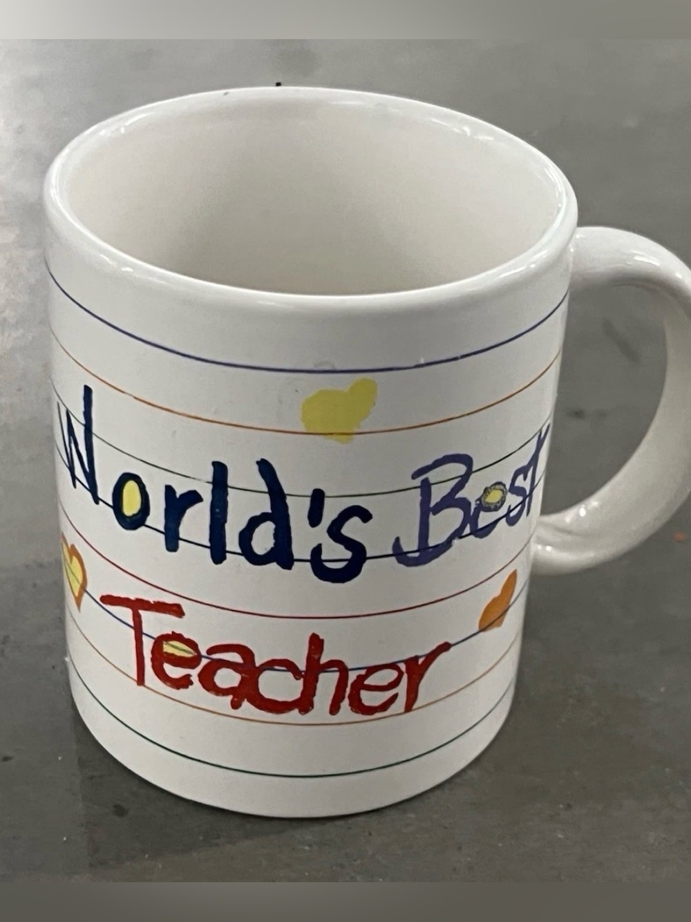 $15 FIRM White Porcelain Mug with “World’s Best Teacher” Graphic. Teacher Gift.